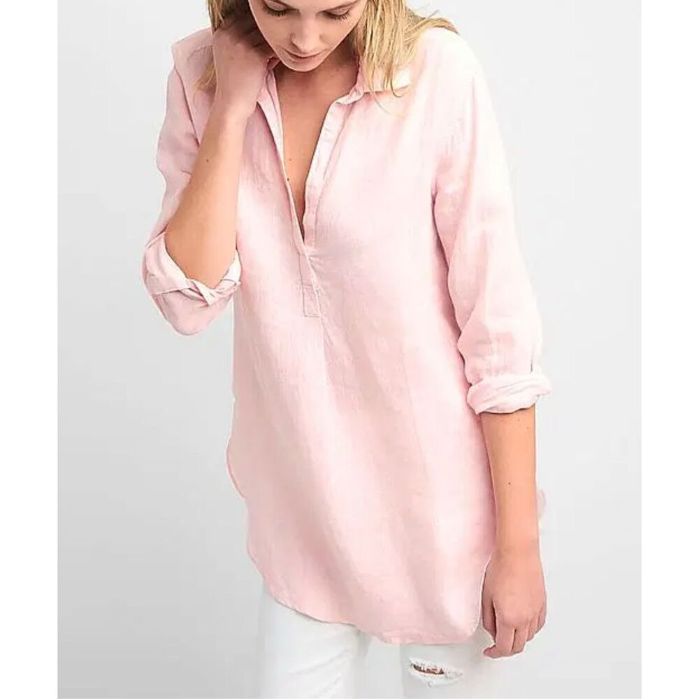 Jones New York 100% Linen pink oversized tunic sz L lagginlook beachy button up